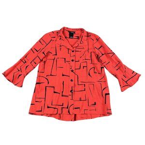 Ali Miles Artsy Long Sleeve Red & Black Button Down Bell Sleeve Top Sz Medium
